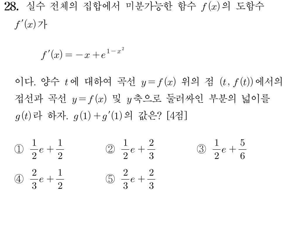 2025학년도 대학수학능력시험 수학 미적분 28번 문제 이미지
