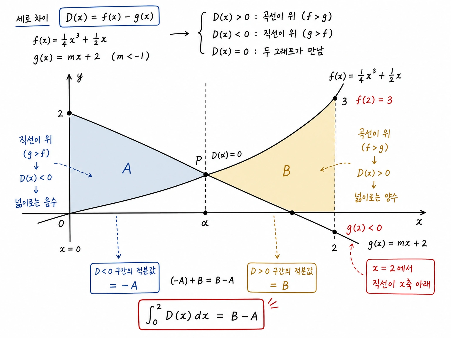 D(x)=f(x)-g(x)의 부호로 왼쪽 넓이와 오른쪽 넓이를 부호 있는 적분에 연결한 그림