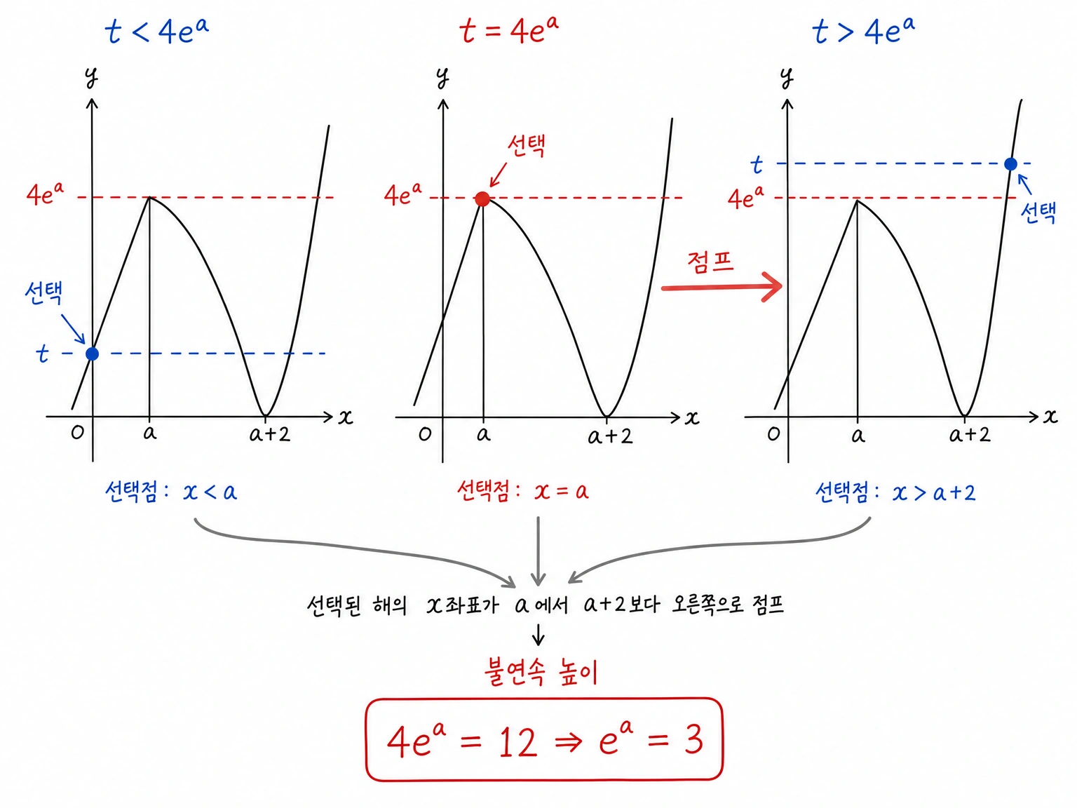 t=4e^a 경계에서 g(t)의 선택점이 x=a에서 오른쪽 증가 조각으로 점프하는 모습