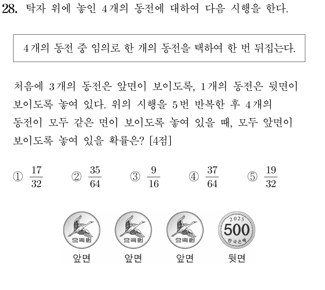 2025학년도 6월 모의평가 수학 확률과 통계 28번 동전 뒤집기 조건부확률 문제