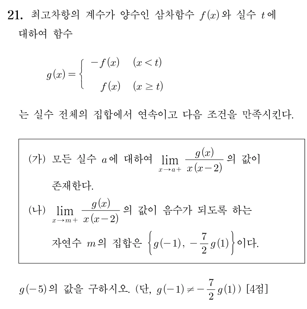2026학년도 수능 수학 공통 21번 문제. 삼차함수 f와 조각함수 g의 연속성 및 오른쪽 극한 조건을 이용해 g(-5)의 값을 구하는 문항.
